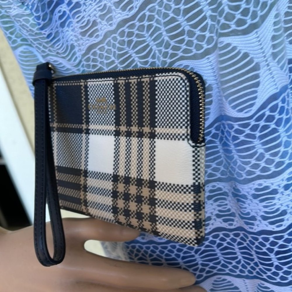 Coach Corner Zip Wristlet With Garden Plaid Print - Picture 12 of 15
